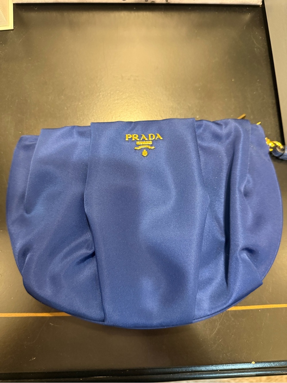Prada Royal Blue Satin Pouch with Gold Emblem